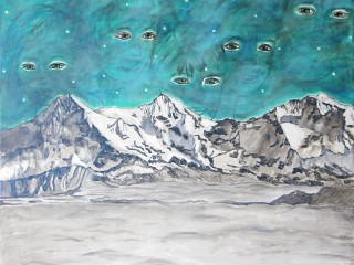 120x120cm Alpine summits Eiger, Mönch, Jungfrau above the fog and refugees seeking safety. A+P. 2016-472